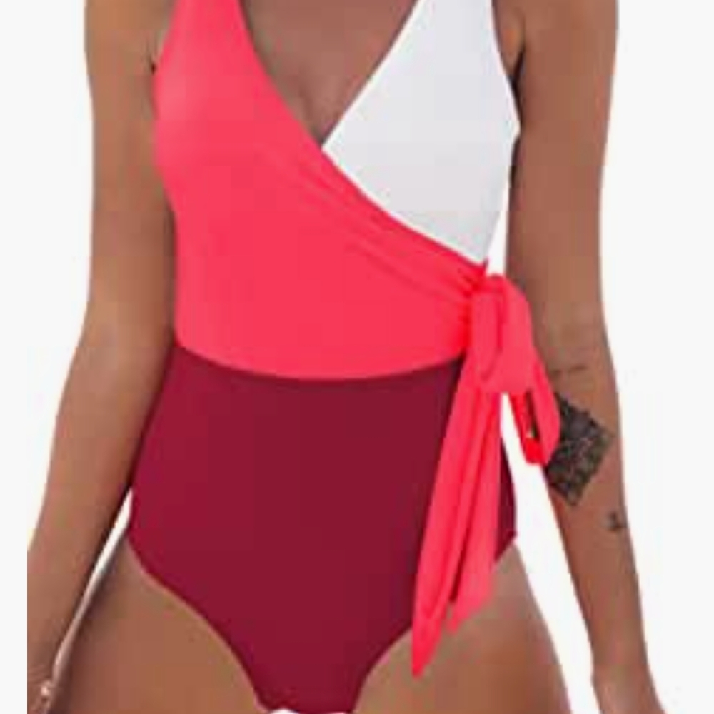 NWT CUPSHE One Piece Swimsuit Wrap Side Tie Color Block Monokini Pink White XL